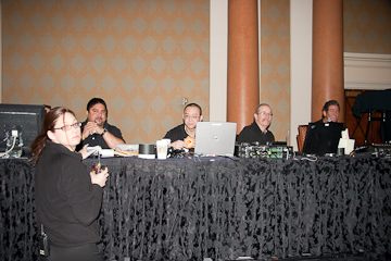 The tech crew enjoys some breakfast before the morning keynote.