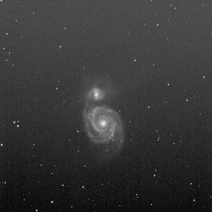 The famous Whirlpool Galaxy M51 in Ursa Major. Not as much detail as a shot I did in February from GMARS. I found by giving up on color and reducing luminance only, the photo has some real pop to it.